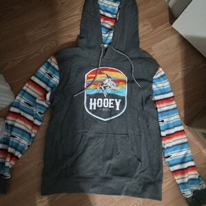 Hooey Charcoal Hoodie with Vibrant Striped Sleeves Large Womans